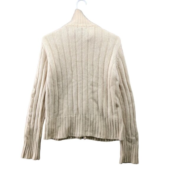 H&M Wool Stretch Cable Knit Zip Sweater Womens L Cream Mock Neck Fisherman - Picture 2 of 8